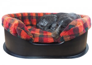 Raised dog bed with warm lining.