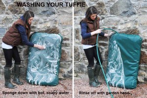 Lady washing and rinsing a Tuffie dog bed