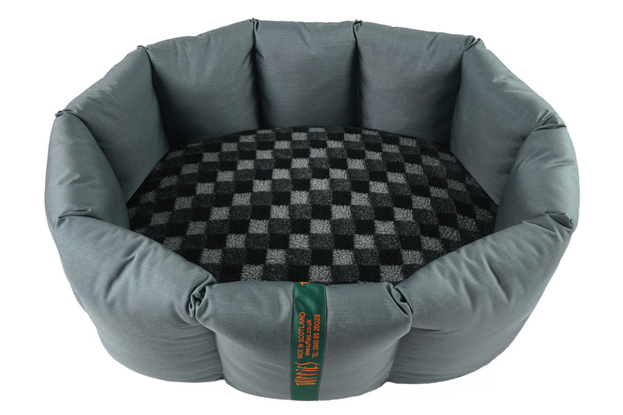 Grey Durasoft Waterproof Orthopaedic Nest Dog Bed With Grey Check Luxury Fleece Tilted View
