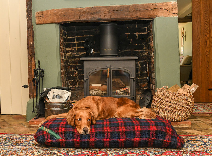 Red Tartan Luxury Fleece Optional Washable Dog Bed Cover Lifestyle Retriever