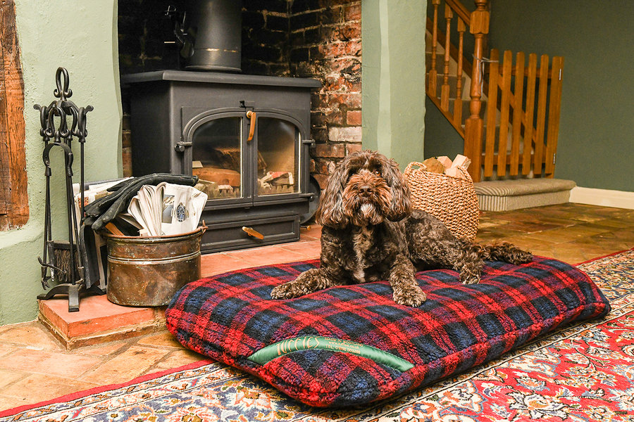 Red Tartan Luxury Fleece Optional Washable Dog Bed Cover Lifestyle Cockapoo