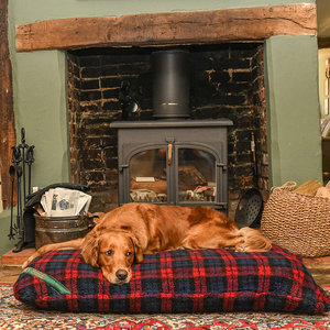 Red Tartan Luxury Fleece Optional Washable Dog Bed Cover Lifestyle Retriever