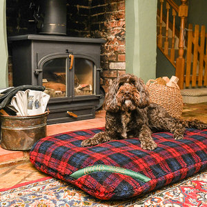 Red Tartan Luxury Fleece Optional Washable Dog Bed Cover Lifestyle Cockapoo